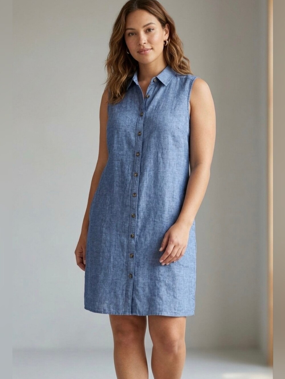 Adrienne Vittadini Linen Blue Denim Dress Size M Medium Buttun Down Sleeveless